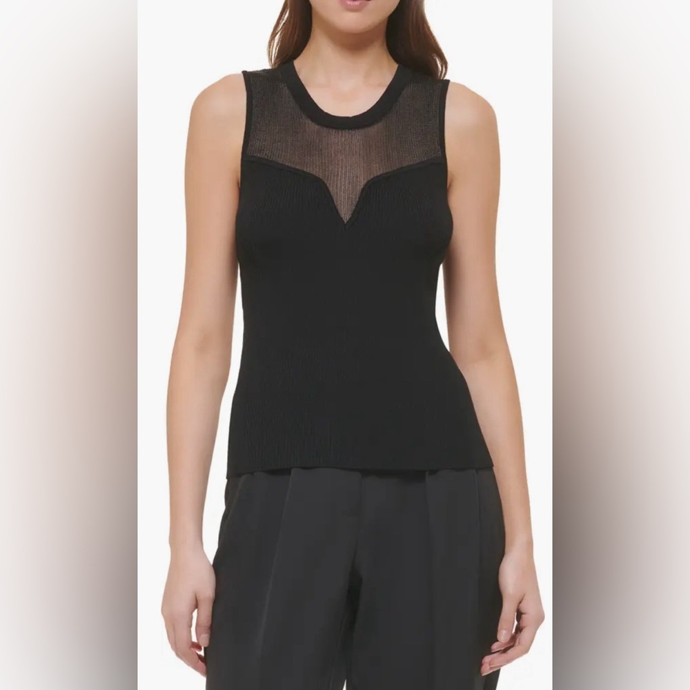 NWT DKNY Mesh Yoke Sleeveless Sweater in Black